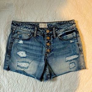 Gilded Intent Mid-Rise Button Fly Destructed w/Frayed Hem Denim Shorts, Size 26
